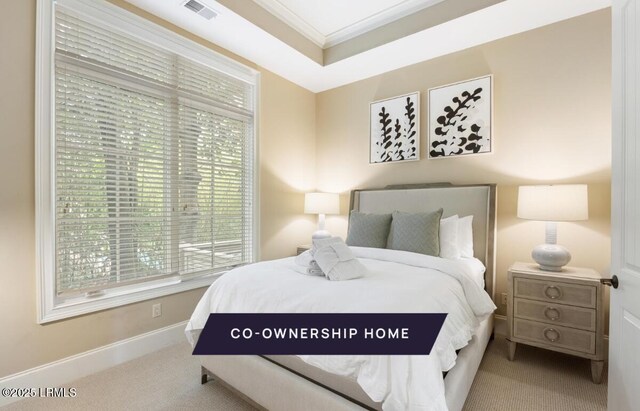 bedroom with baseboards, visible vents, crown molding, carpet flooring, and a raised ceiling