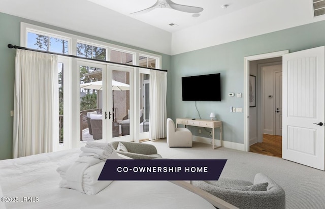 bedroom featuring carpet, baseboards, ceiling fan, access to exterior, and french doors