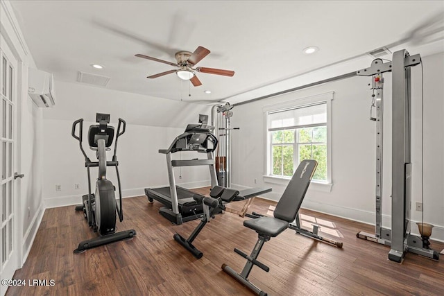 21 Woods Bay Rd, Bluffton, SC 29910 - workout area featuring wood finished floors, an AC wall unit, a ceiling fan, recessed lighting, and baseboards