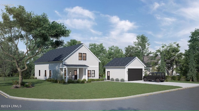 view of front facade with a porch, a garage, an outdoor structure, and a front lawn