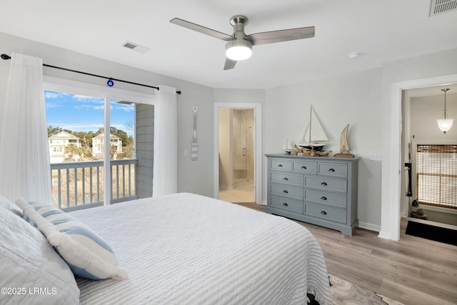 bedroom with ceiling fan, access to exterior, ensuite bath, and light hardwood / wood-style flooring