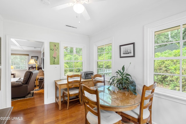 117 Elliott St, Beaufort, SC 29902 - dining area featuring plenty of natural light, crown molding, wood finished floors, and a ceiling fan