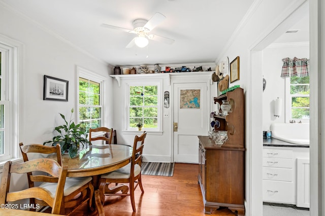 117 Elliott St, Beaufort, SC 29902 - dining area with a ceiling fan, ornamental molding, and light wood-style flooring