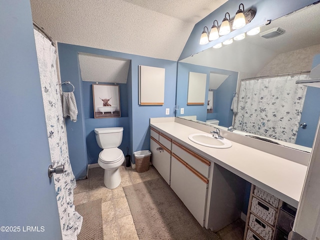 full bathroom with toilet, a textured ceiling, and lofted ceiling