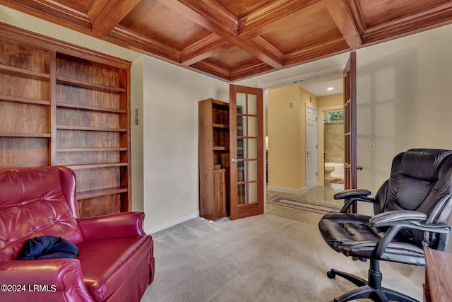 office space featuring coffered ceiling, ornamental molding, wooden ceiling, and beamed ceiling