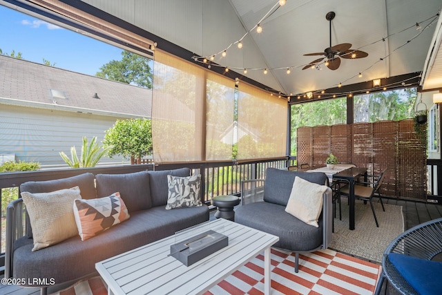3 Stono Ct, Beaufort, SC 29902 - sunroom / solarium with outdoor lounge area, vaulted ceiling, ceiling fan, and outdoor dining space