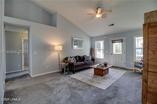 55 Broadland Cir, Bluffton, SC 29910 - carpeted living area with healthy amount of natural light, ceiling fan, and high vaulted ceiling