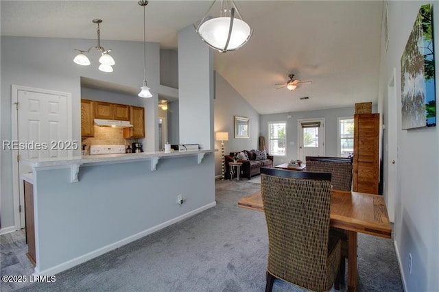 55 Broadland Cir, Bluffton, SC 29910 - dining area featuring vaulted ceiling, ceiling fan, and light colored carpet