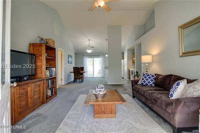 55 Broadland Cir, Bluffton, SC 29910 - living area featuring carpet flooring, a ceiling fan, and high vaulted ceiling