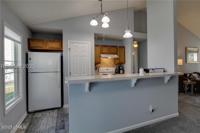 55 Broadland Cir, Bluffton, SC 29910 - kitchen featuring freestanding refrigerator, vaulted ceiling, range, brown cabinets, and a kitchen bar