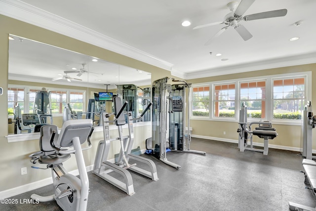 227 Wooden Wheel Ln, Okatie, SC 29909 - exercise room featuring a ceiling fan, ornamental molding, baseboards, healthy amount of natural light, and recessed lighting