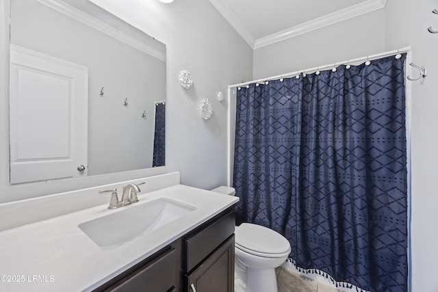 227 Wooden Wheel Ln, Okatie, SC 29909 - bathroom with vanity, toilet, crown molding, curtained shower, and tile patterned floors