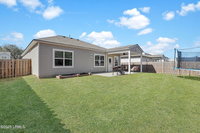 back of property with a trampoline, a yard, and a patio