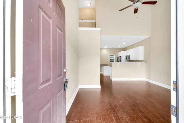 foyer with ceiling fan and dark hardwood / wood-style floors