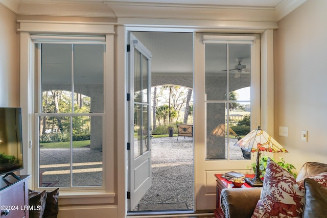 entryway with french doors and ornamental molding