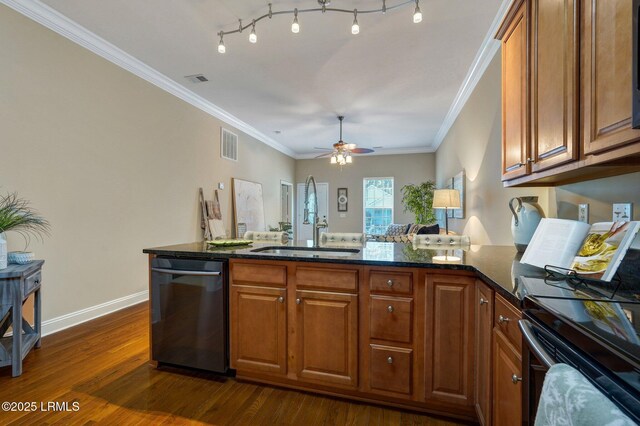 47 River Tree Cir, Bluffton, SC 29910 - kitchen featuring brown cabinetry, visible vents, stainless steel dishwasher, and dark wood-style flooring