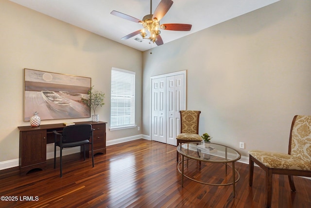 47 River Tree Cir, Bluffton, SC 29910 - office area featuring dark wood finished floors, a ceiling fan, and baseboards