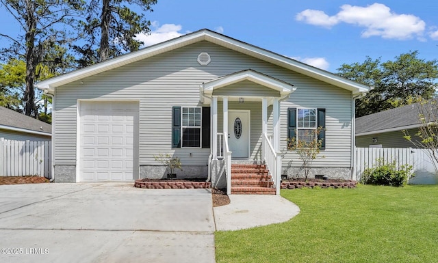 47 River Tree Cir, Bluffton, SC 29910 - view of front of home featuring crawl space, concrete driveway, a front lawn, an attached garage, and fence