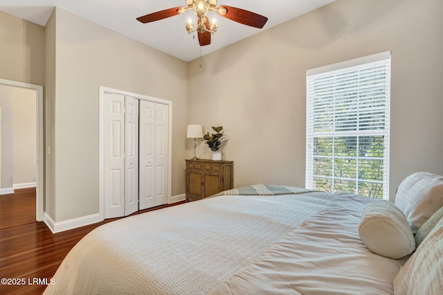 47 River Tree Cir, Bluffton, SC 29910 - bedroom with baseboards, a closet, ceiling fan, and dark wood-style flooring