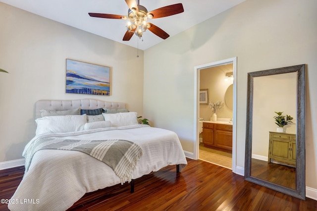 47 River Tree Cir, Bluffton, SC 29910 - bedroom featuring ensuite bathroom, baseboards, a ceiling fan, and dark wood finished floors