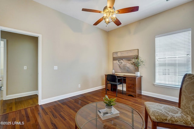 47 River Tree Cir, Bluffton, SC 29910 - sitting room with ceiling fan, baseboards, lofted ceiling, and wood finished floors