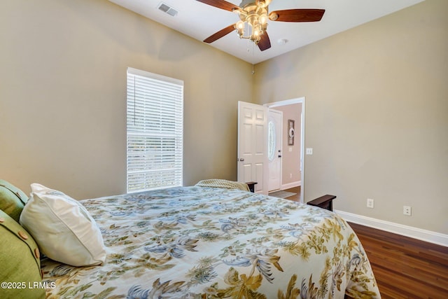 47 River Tree Cir, Bluffton, SC 29910 - bedroom featuring baseboards, visible vents, dark wood-style floors, and ceiling fan