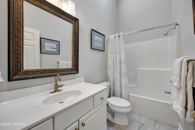 full bathroom featuring vanity, shower / bathtub combination with curtain, and toilet