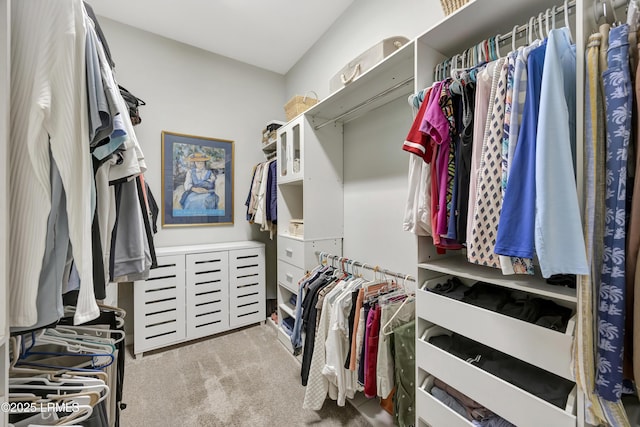 walk in closet with light carpet