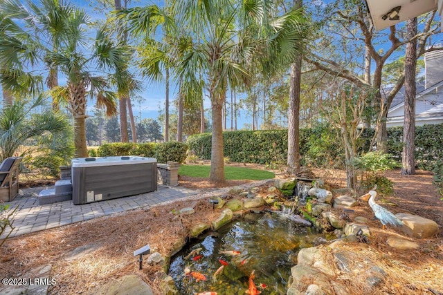 view of yard featuring a hot tub and a patio