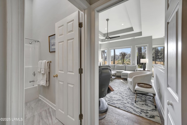 bedroom with a tray ceiling