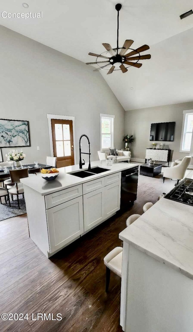 kitchen with dark hardwood / wood-style floors, black dishwasher, sink, and white cabinets