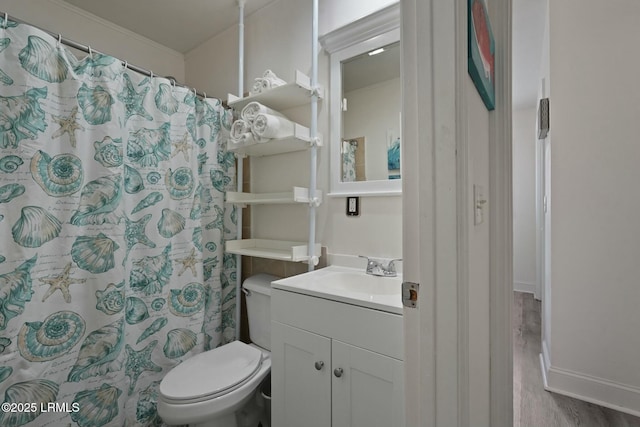 full bathroom featuring toilet, vanity, wood finished floors, and a shower with shower curtain