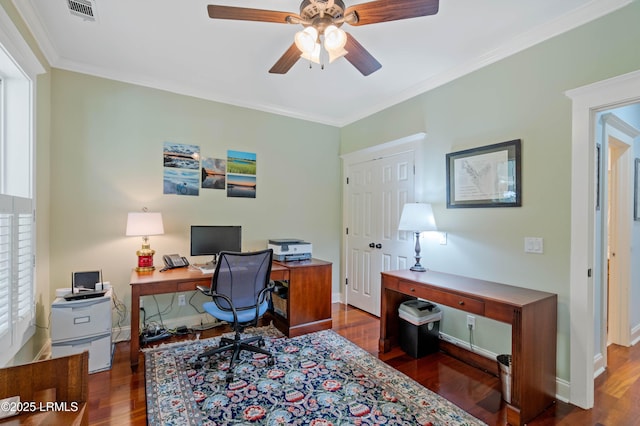10 Old Barn Rd, Beaufort, SC 29907 - office area with wood finished floors, ceiling fan, and ornamental molding