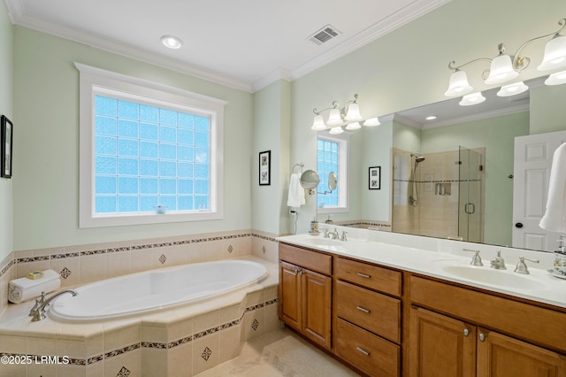 10 Old Barn Rd, Beaufort, SC 29907 - bathroom with a garden tub, double vanity, a shower stall, tile patterned flooring, and ornamental molding
