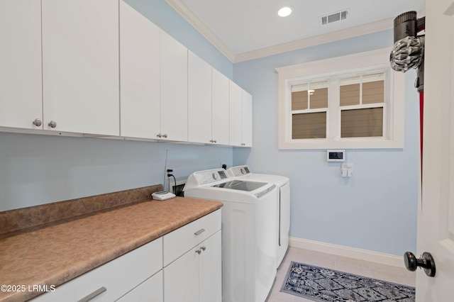 10 Old Barn Rd, Beaufort, SC 29907 - laundry area featuring separate washer and dryer, cabinet space, crown molding, tile patterned floors, and recessed lighting