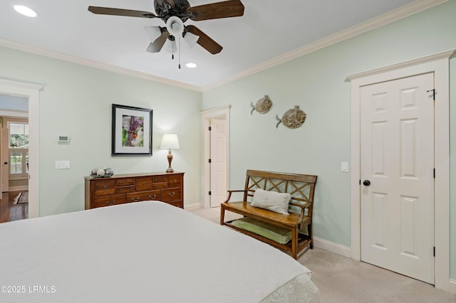 10 Old Barn Rd, Beaufort, SC 29907 - bedroom with ornamental molding, recessed lighting, a ceiling fan, and light carpet