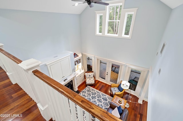 10 Old Barn Rd, Beaufort, SC 29907 - stairs featuring wood finished floors, high vaulted ceiling, and a ceiling fan