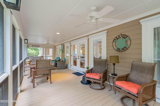 10 Old Barn Rd, Beaufort, SC 29907 - sunroom / solarium with french doors, a ceiling fan, wood finished floors, recessed lighting, and wooden walls