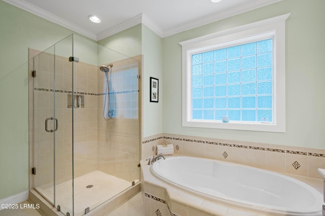 10 Old Barn Rd, Beaufort, SC 29907 - full bathroom with a garden tub, a shower stall, and ornamental molding