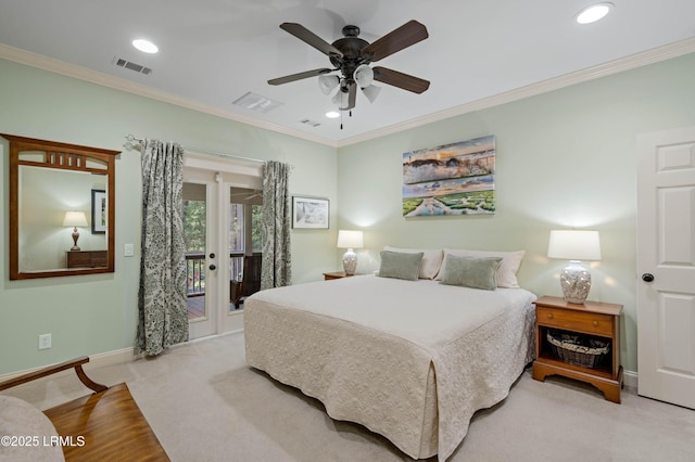 10 Old Barn Rd, Beaufort, SC 29907 - bedroom with french doors, access to outside, crown molding, light colored carpet, and recessed lighting