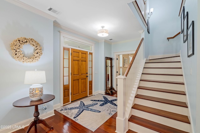 10 Old Barn Rd, Beaufort, SC 29907 - foyer featuring wood finished floors, ornamental molding, and stairway