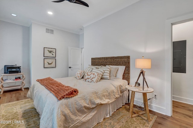 bedroom featuring wood-type flooring, electric panel, and ceiling fan