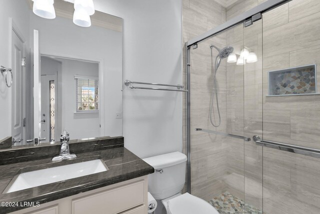 bathroom featuring vanity, toilet, and a shower with shower door