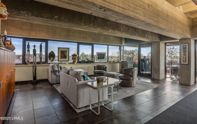 living room with a towering ceiling