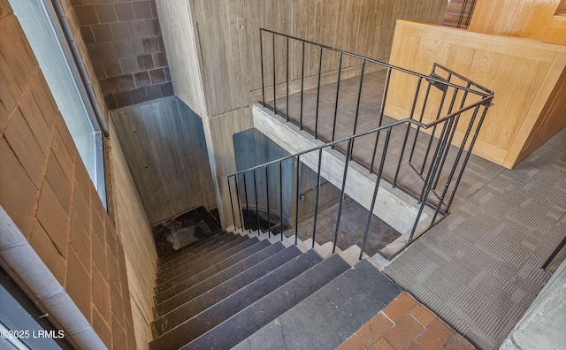 stairway with wood walls