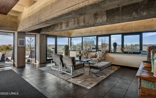 dining room with wood ceiling, plenty of natural light, and dark tile patterned floors