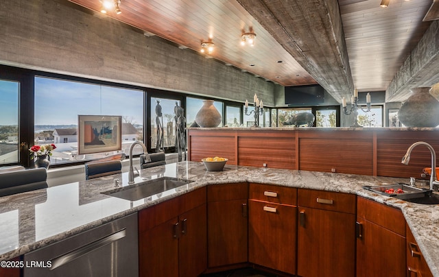 kitchen with sink, wooden ceiling, and dishwasher