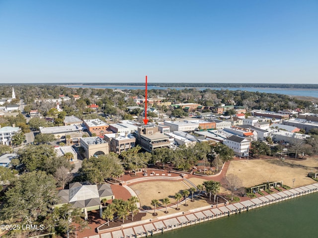 bird's eye view with a water view