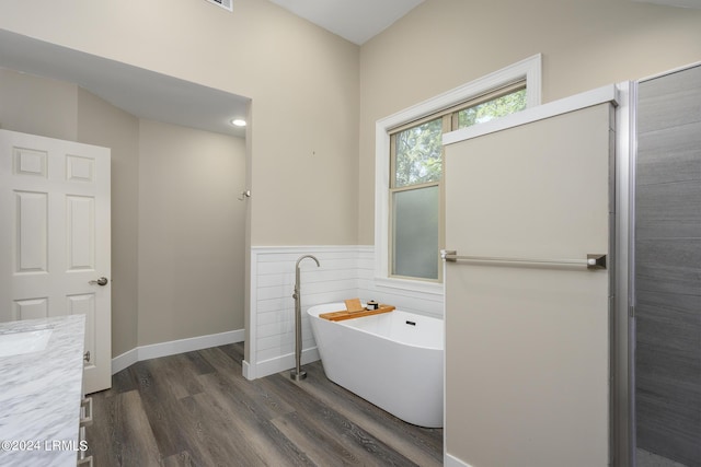 bathroom featuring vanity, hardwood / wood-style floors, and a bathing tub