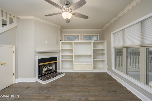 unfurnished living room featuring dark wood-type flooring, ceiling fan, and crown molding